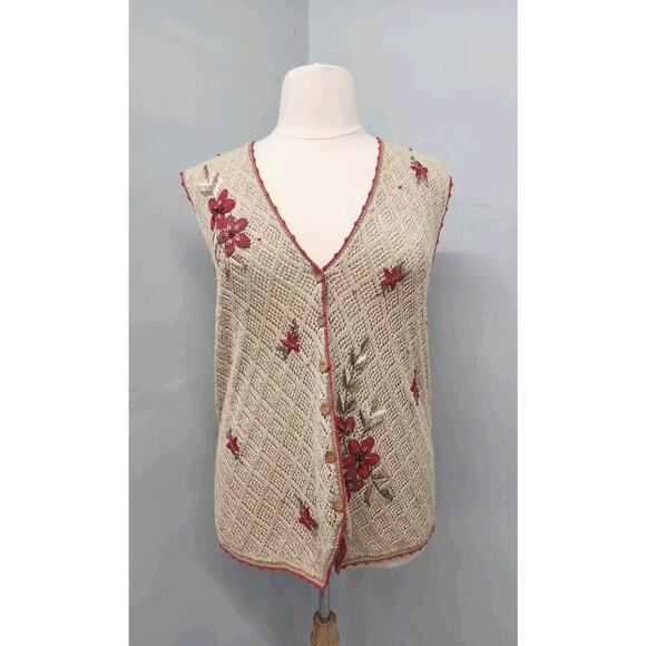 Country Classics Koret Beige Pink Floral Embroidered Crocheted Vest Size 1X - Picture 1 of 10